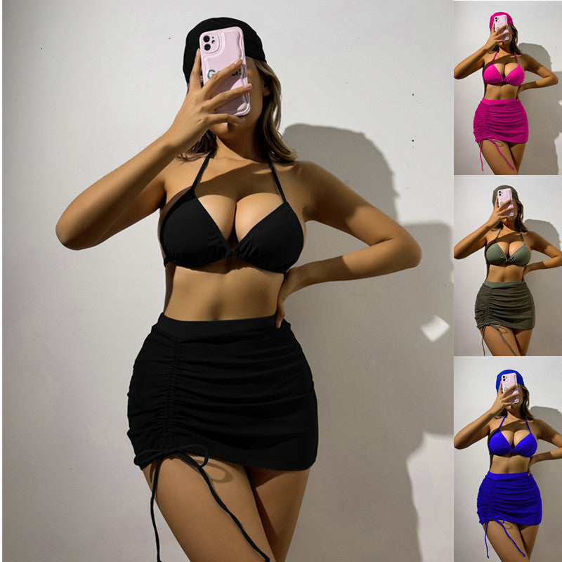 Damen Triangelbikini-Set mit transparentem Überrock und modischem Stirnband EB