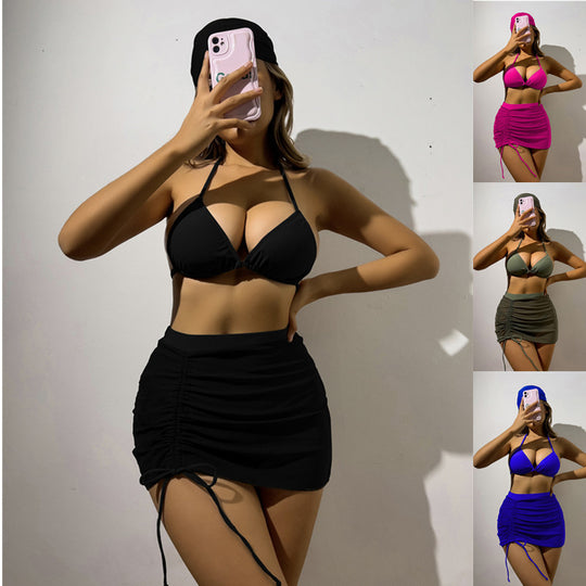 Damen Triangelbikini-Set mit transparentem Überrock und modischem Stirnband EB