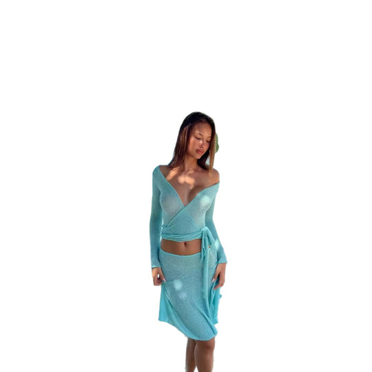 Damen Elegantes Wickeloberteil und Maxi-Rock Set EB