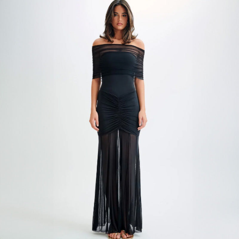 Damen Elegantes Maxi-Kleid mit schulterfreiem Design und Raffungen EB
