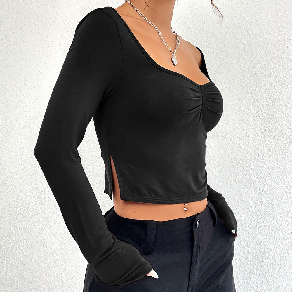Damen gerafftes Cropped-Longsleeve mit Herz-Ausschnitt und Seitenschlitzen Eichborn Berlin