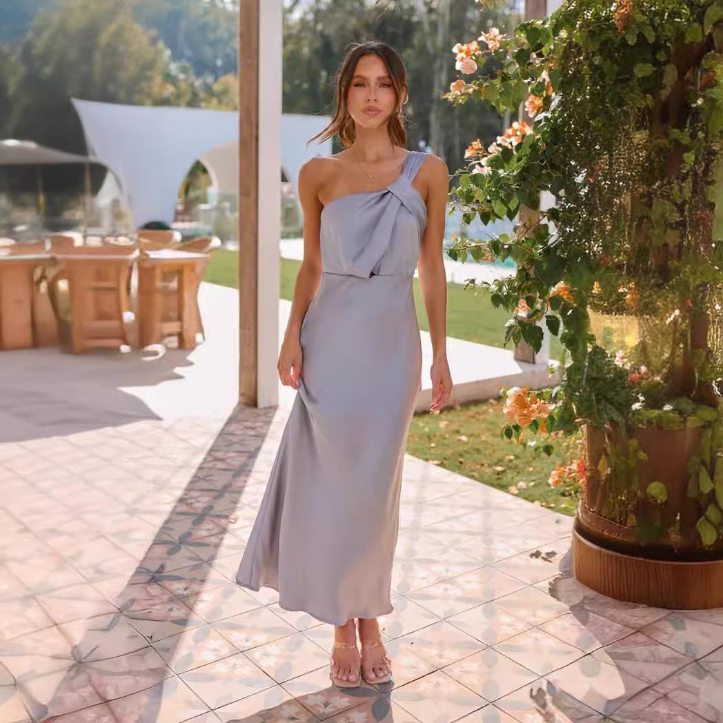 Damen Elegantes Langes Kleid mit asymmetrischem Träger und stilvollem Drapierungsdetail EB