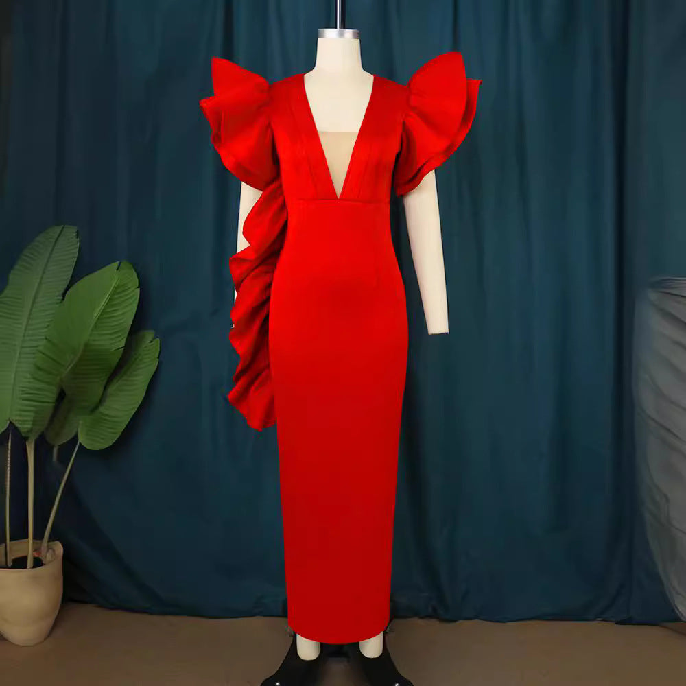 Damen figurumspielendes Abendkleid mit voluminösen Rüschenärmeln EB