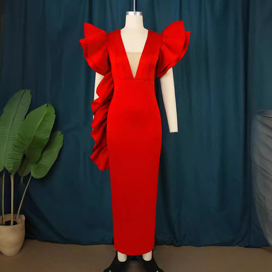 Damen figurumspielendes Abendkleid mit voluminösen Rüschenärmeln EB