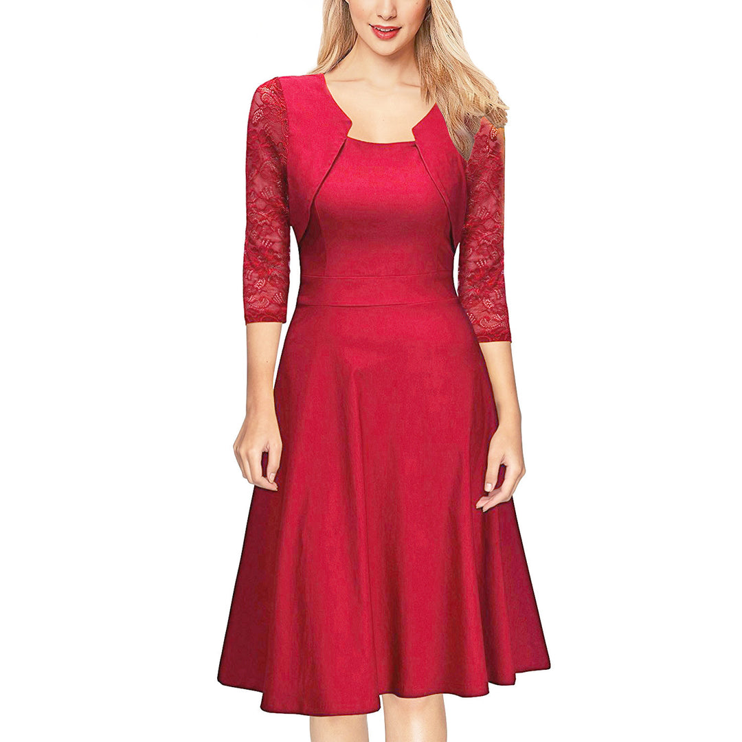 Damen Midi-Kleid mit Spitzenärmeln und schwingendem Rock EB