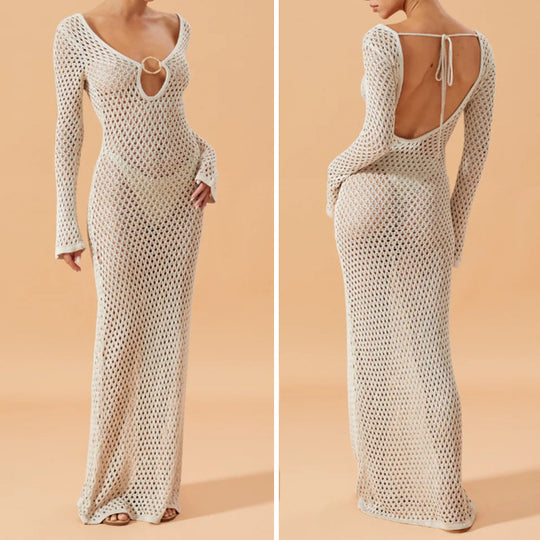 Damen Netzkleid mit tiefem V-Ausschnitt und modischem Ringdetails EB