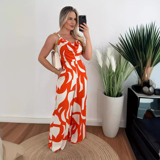Damen Jumpsuit mit elegantem Wasserfall-Ausschnitt und weitem Bein EB