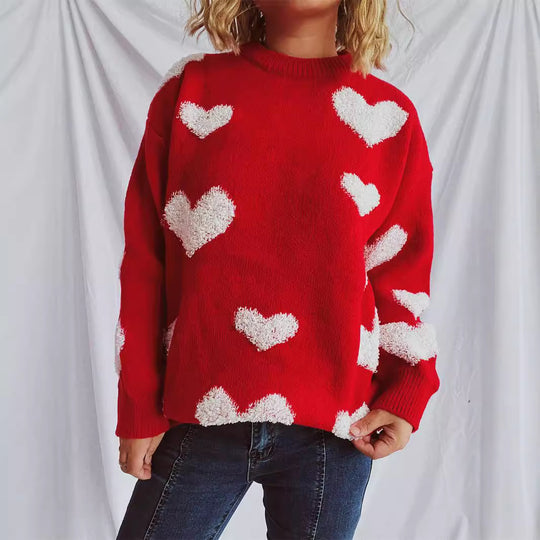 Damen Pullover mit Herzmuster und flauschigen Applikationen EB