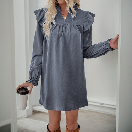 Damen Rüschen-A-Linien Kleid mit geraffter Brust und V-Ausschnitt EB