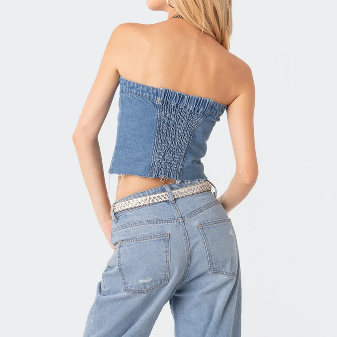 Damen Denim-Crop-Top mit gestricktem Überwurf EB