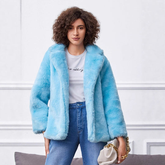Damen Fluffige Kunstpelzjacke mit großzügigem Kragen und bequemen Ärmeln EB