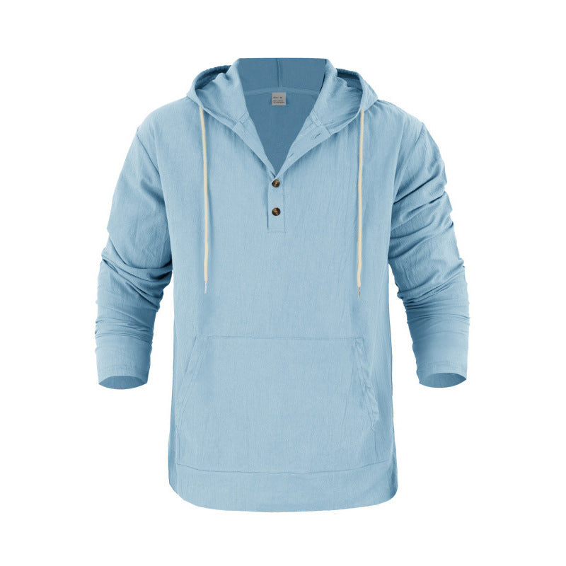 Herren nan Leinenoptik Henley-Kapuzenpullover mit Knopfleiste und Kängurutasche EB