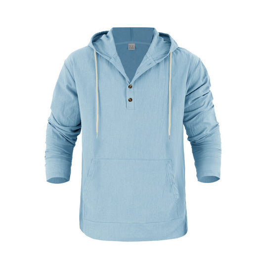 Herren nan Leinenoptik Henley-Kapuzenpullover mit Knopfleiste und Kängurutasche EB