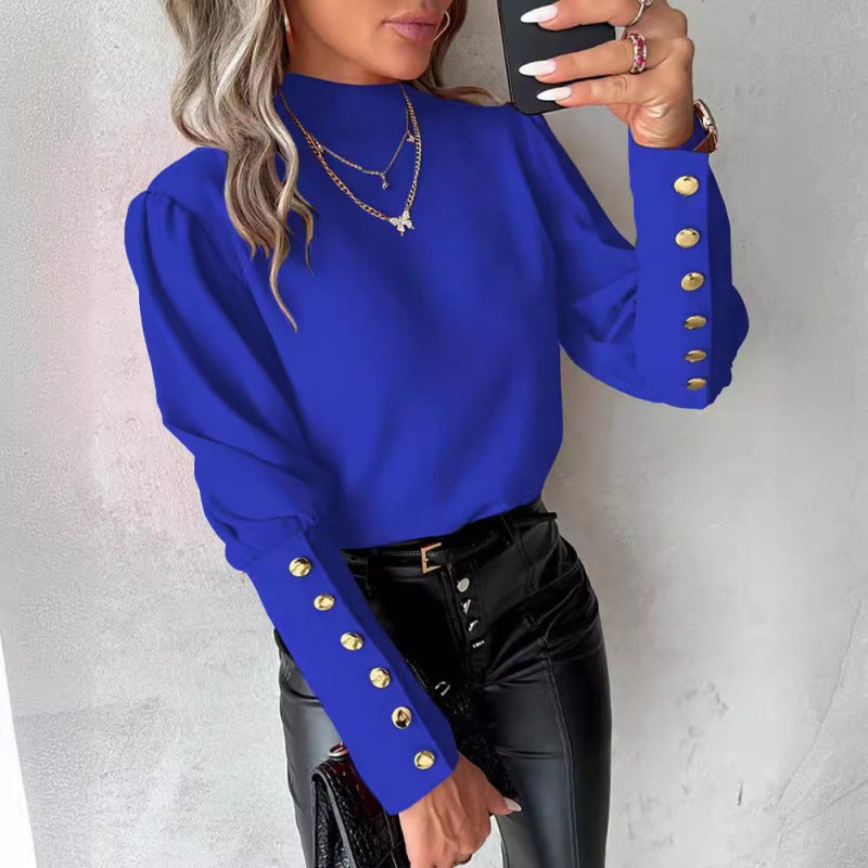 Damen elegante Bluse mit Puffärmeln und goldenen Knopfdetails EB