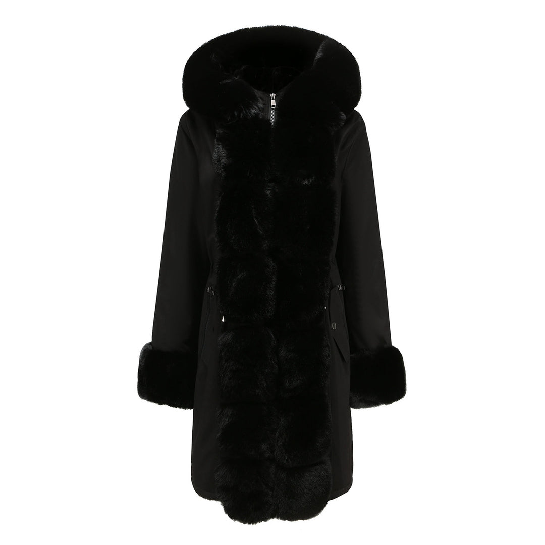 Damen modische Lange Jacke mit Kunstfellbesatz EB