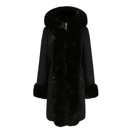 Damen modische Lange Jacke mit Kunstfellbesatz EB