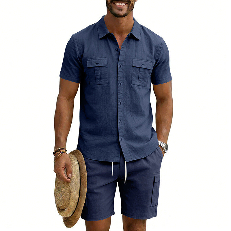 Herren nan sommerliches Freizeitset aus Baumwoll-Leinenmix mit Kurzarm-Hemd und Cargo-Shorts EB
