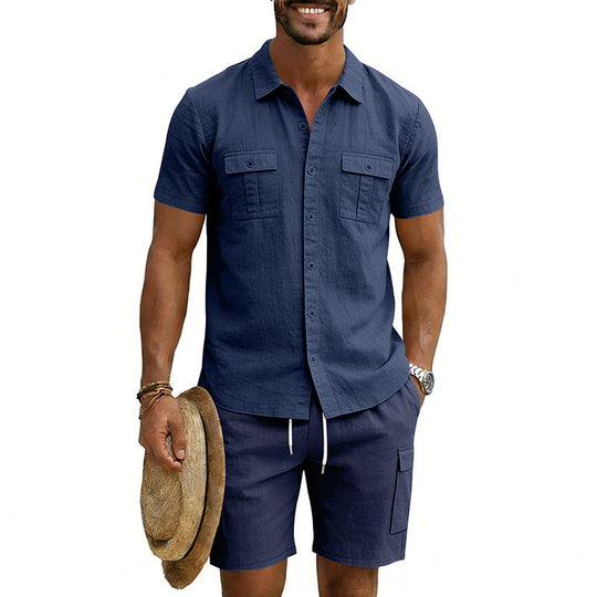 Herren nan sommerliches Freizeitset aus Baumwoll-Leinenmix mit Kurzarm-Hemd und Cargo-Shorts EB