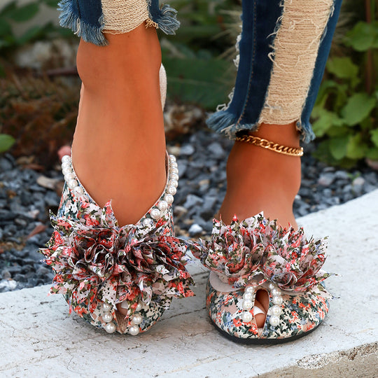 Damen Pantoletten mit floralem Design und eleganten Perlen EB