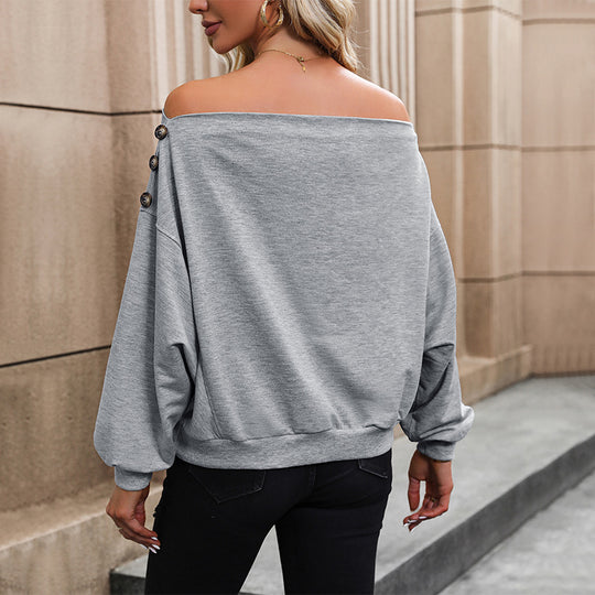 Damen lässiger Pullover mit asymmetrischem Ausschnitt und dekorativen Knopfdetails EB