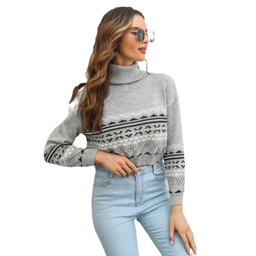 Damen modischer Strickpullover mit hohem Kragen und grafischem Design EB