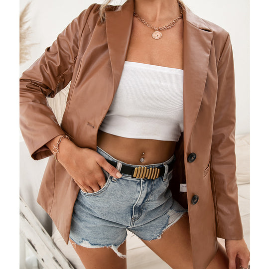 Damen elegante Kunstlederblazerjacke im zeitlosen Schnitt EB