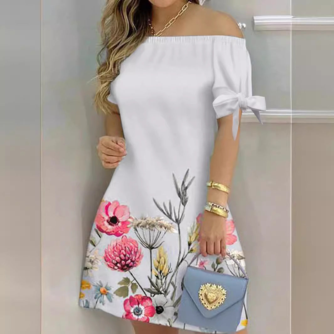 Damen Off-Shoulder Blumenkleid mit Rüschendetails und A-Linien-Schnitt EB
