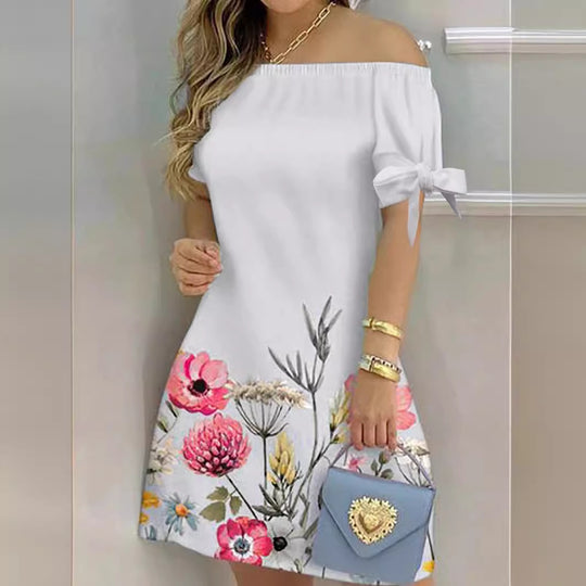 Damen Off-Shoulder Blumenkleid mit Rüschendetails und A-Linien-Schnitt EB