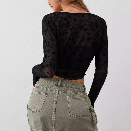 Damen nan tailliertes bauchfreies Netzoberteil mit floraler Samtflock-Verzierung und Bindeband EB