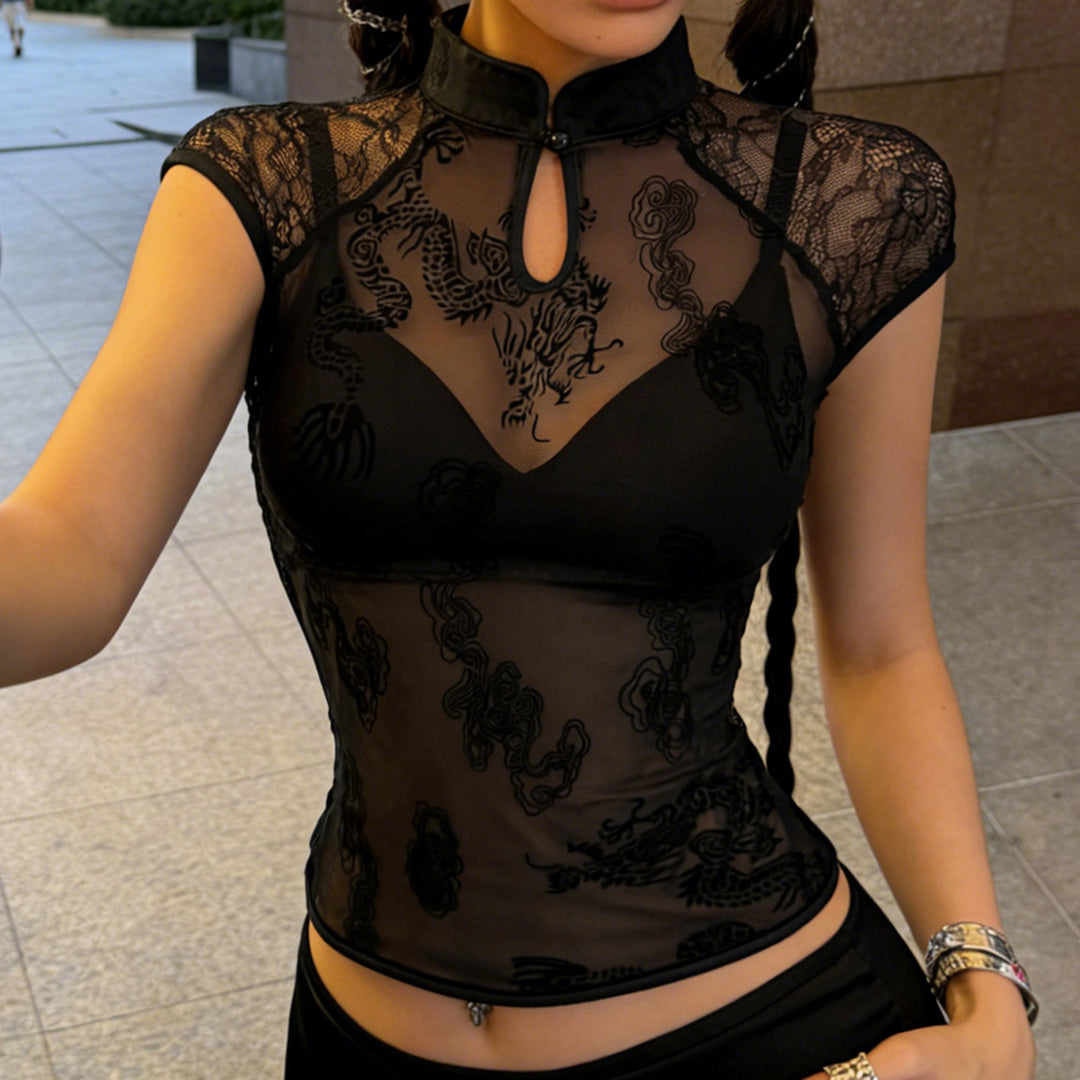 Damen extravagantes Spitzeoberteil mit grafischem Muster EB