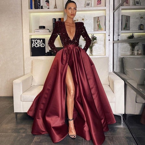 Damen Glamouröses Abendkleid mit tiefem V-Ausschnitt und hochgeschnittenem Rock EB