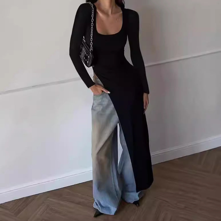 Damen Elegantes langärmliges Kleid mit asymmetrischem Saum EB