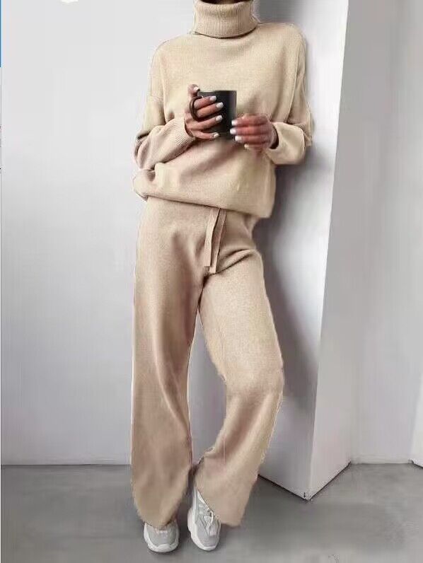 Damen kuscheliges Strick-Loungewear-Set mit weiten Hosen und elegantem Rundhalsausschnitt EB