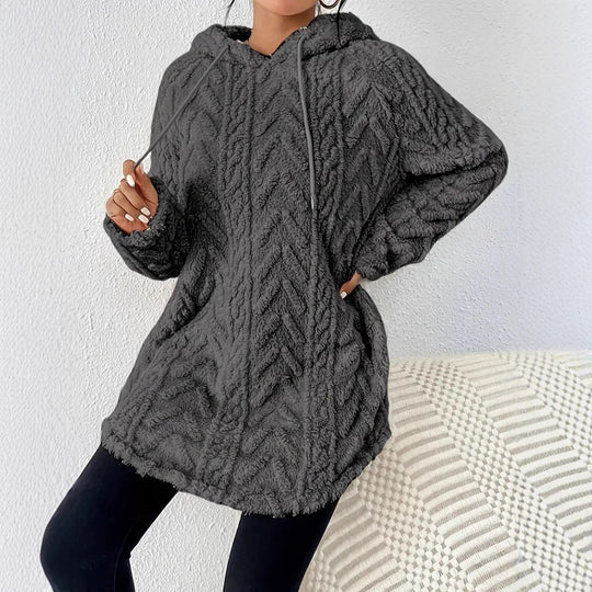 Damen Kapuzenpullover mit weichem Plüsch und modischem Zopfmuster EB