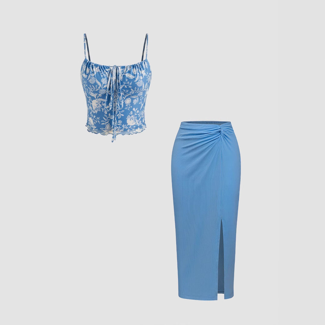 Damen Modisches Crop-Top und figurbetonte Midi-Rock Set EB