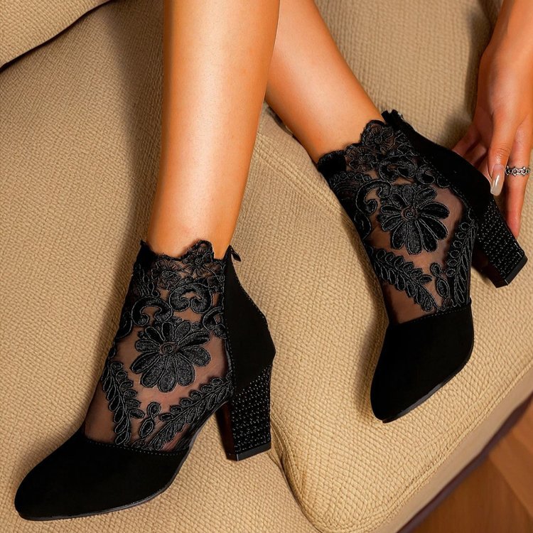 Damen elegante Schnür-Stiefeletten mit Spitze und Glitzer-Details EB