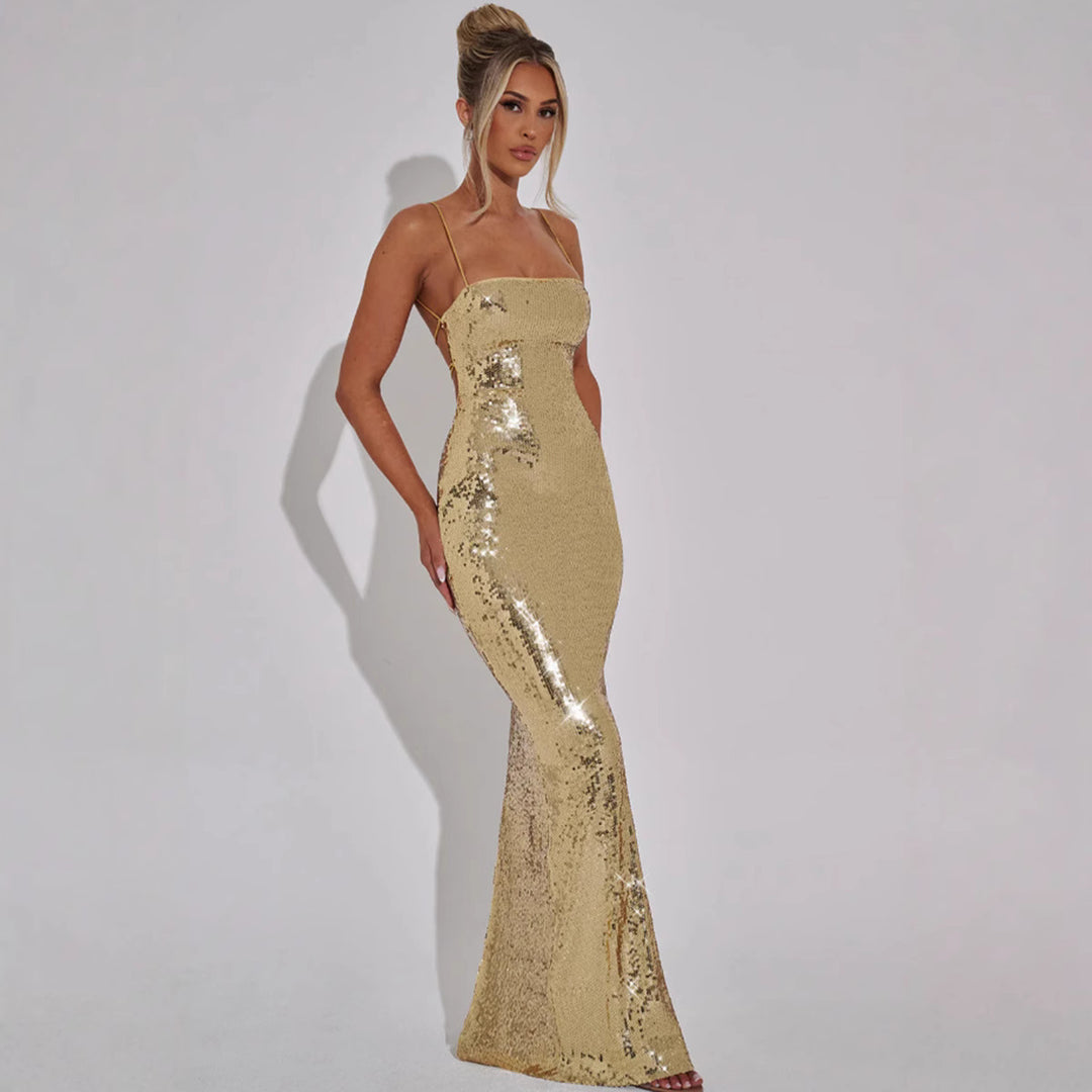 Damen Glamouröses Pailletten-Maxikleid mit schmalem Schnitt und verstellbaren Trägern EB