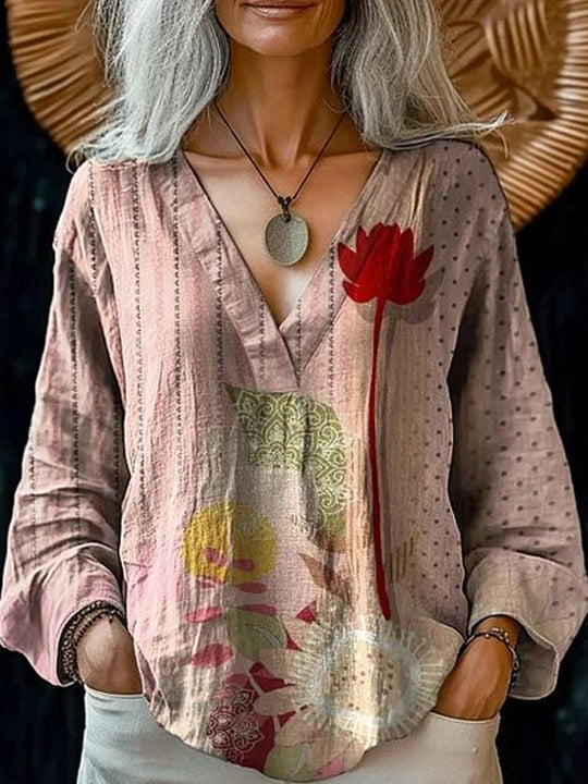 Damen Boho-Leinenmischung Tunika-Bluse mit V-Ausschnitt und floraler Aquarellstickerei EB
