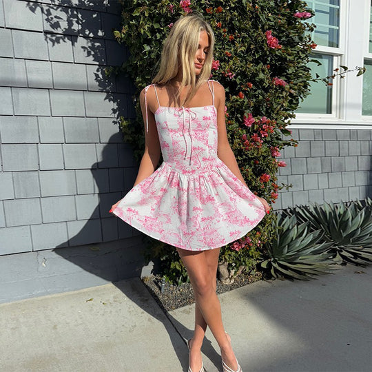 Damen verspieltes Midikleid mit Spaghetti-Trägern und floralen Motiven EB