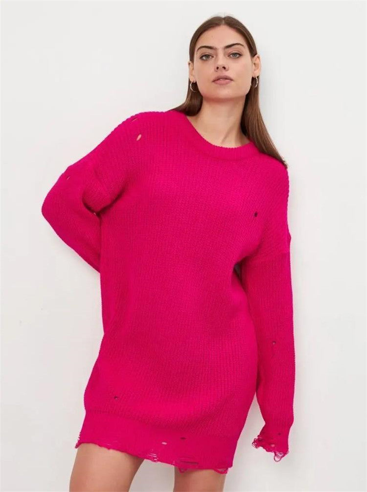 Damen Oversized Strickpullover mit einzigartigem Lochmuster und Rippenstruktur EB