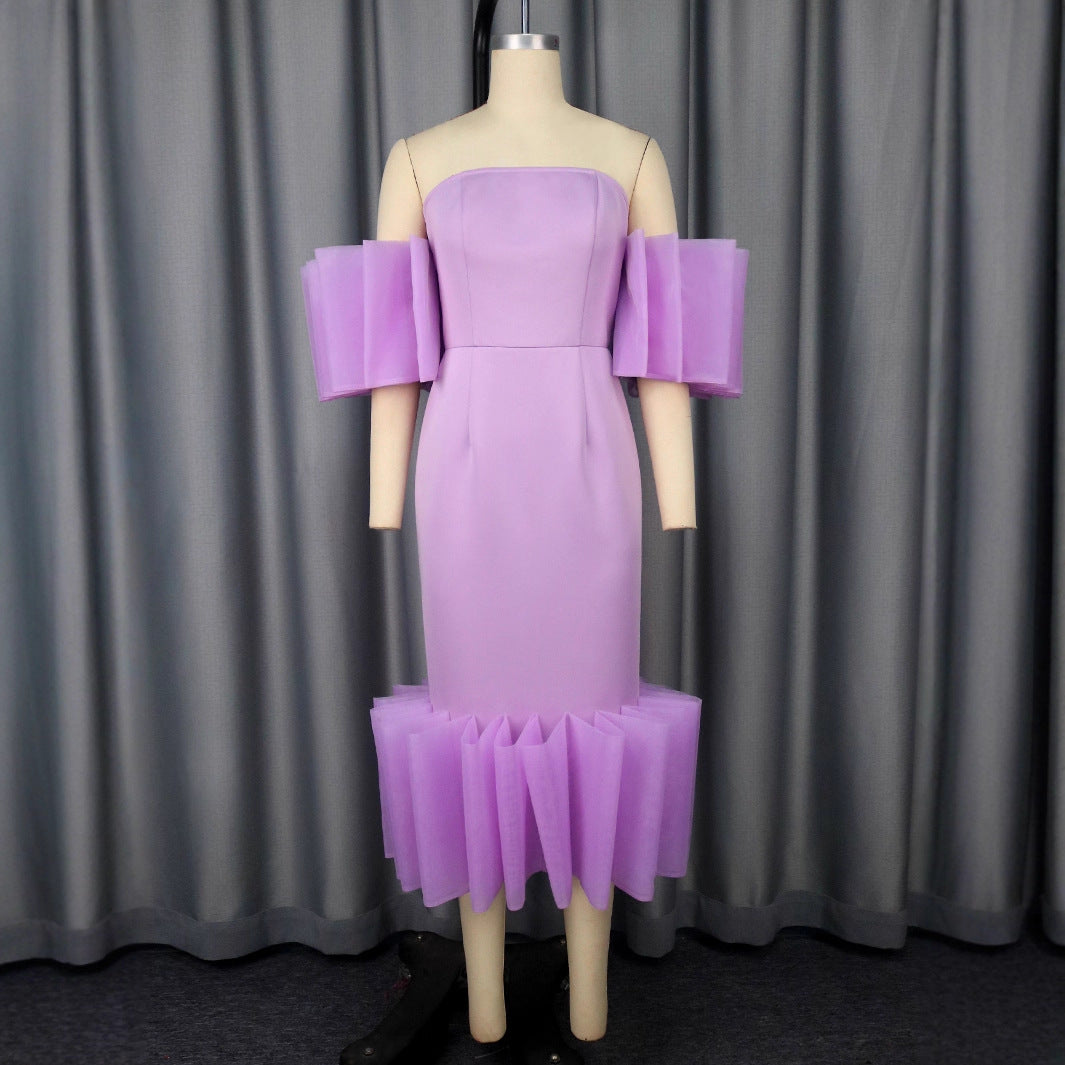 Damen Elegantes Midi-Kleid mit voluminösen Rüschenärmeln und asymmetrischem Saum EB