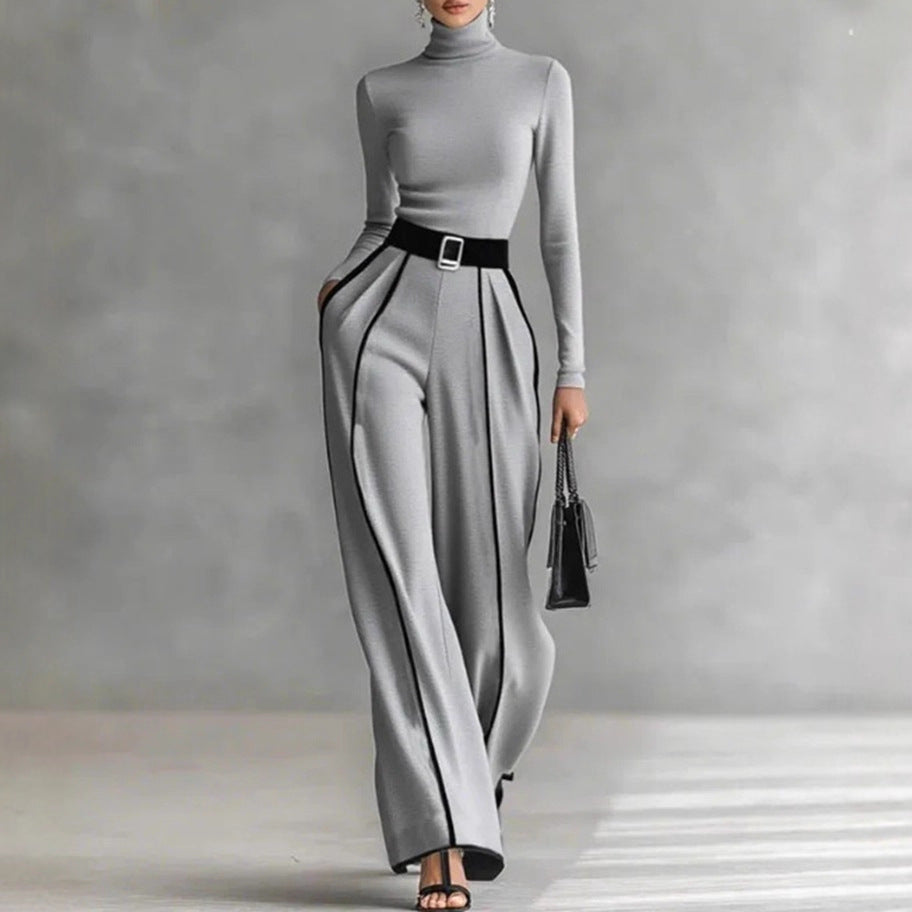 Damen nan elegantes Strickset mit tailliertem Rollkragenoberteil und weiter Plisseehose mit Taillengürtel EB