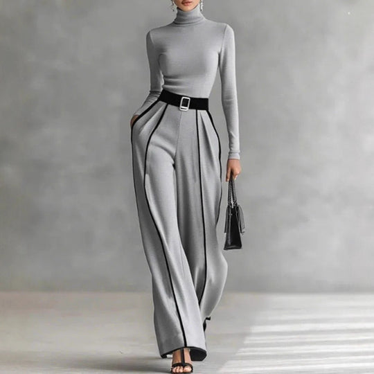Damen nan elegantes Strickset mit tailliertem Rollkragenoberteil und weiter Plisseehose mit Taillengürtel EB