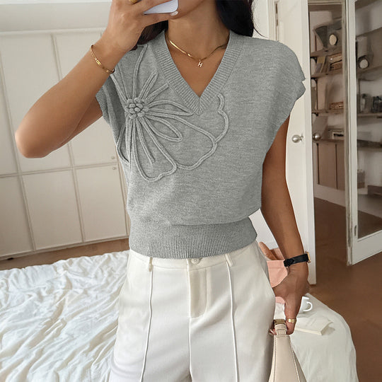 Damen V-Ausschnitt Strickoberteil mit floralem Relieffinish EB