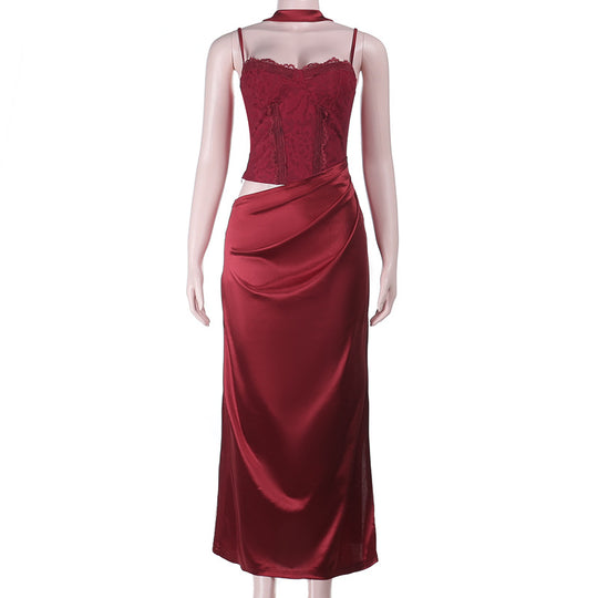 Damen elegantes Maxikleid mit Spitzenoberteil und fließendem Rock EB