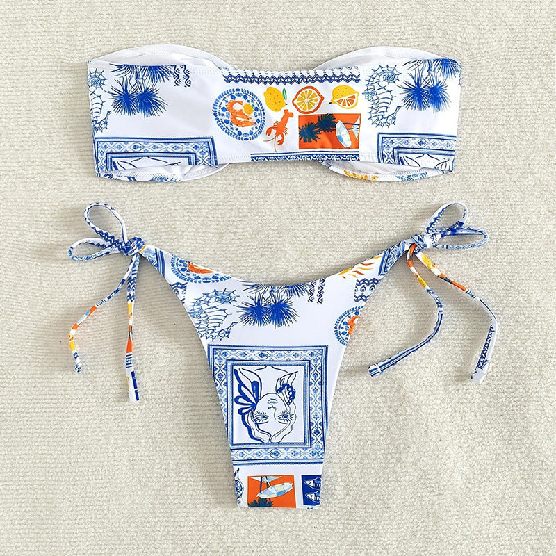 Damen Bandeau-Bikini-Set mit floralem Muster und verstellbaren Bändern EB