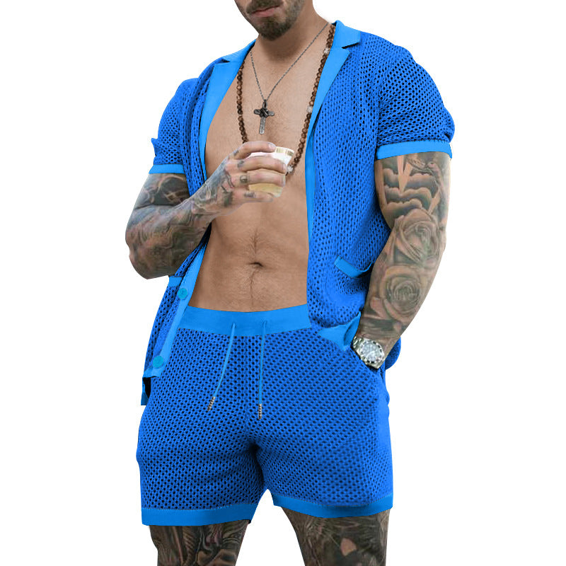 Herren nan offener Netzstrick-Cardigan mit passenden Kordelzug-Shorts EB
