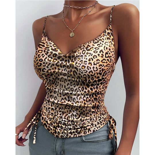 Damen modisches Satin-Spaghetti-Top mit Leopardenmuster und verstellbaren Rädchen EB