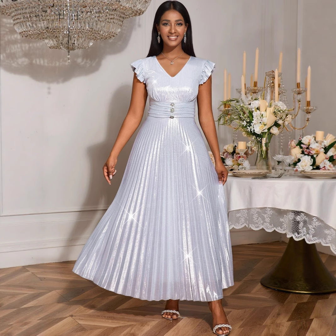 Damen elegantes Maxikleid mit schimmerndem Obermaterial und strukturiertem Taillenteil EB