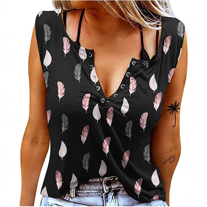 Damen Knopfleisten T-Shirt mit Federmuster EB
